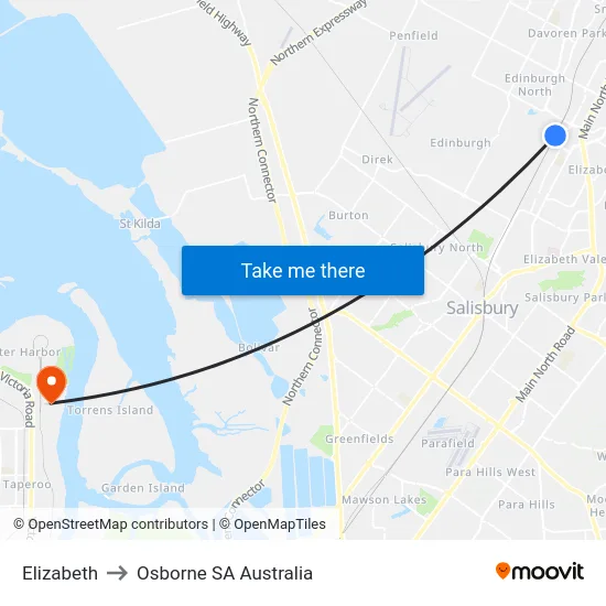 Elizabeth to Osborne SA Australia map