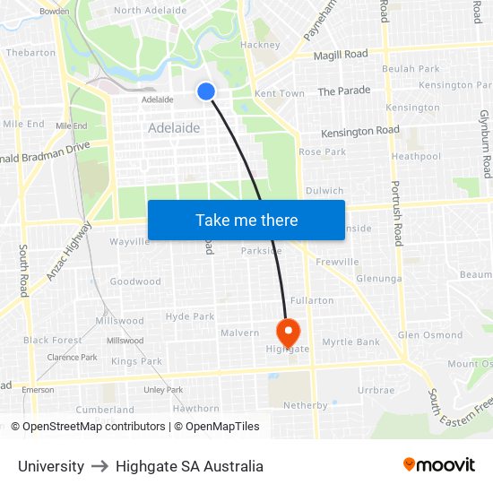 University to Highgate SA Australia map