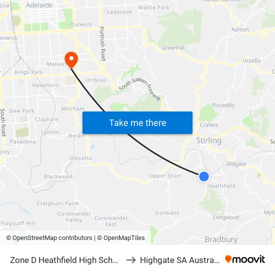 Zone D Heathfield High School to Highgate SA Australia map