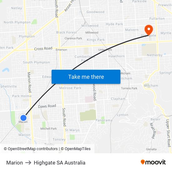 Marion to Highgate SA Australia map