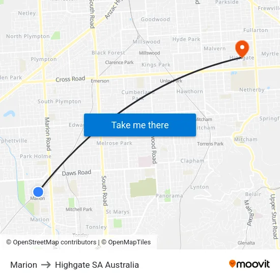 Marion to Highgate SA Australia map