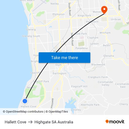 Hallett Cove to Highgate SA Australia map