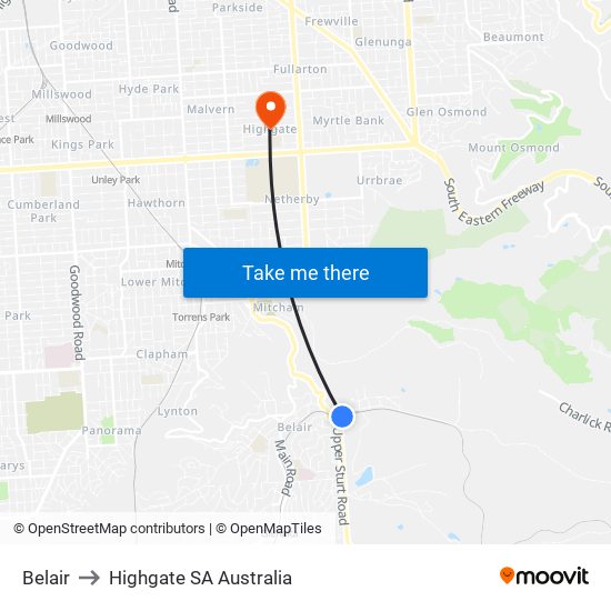 Belair to Highgate SA Australia map