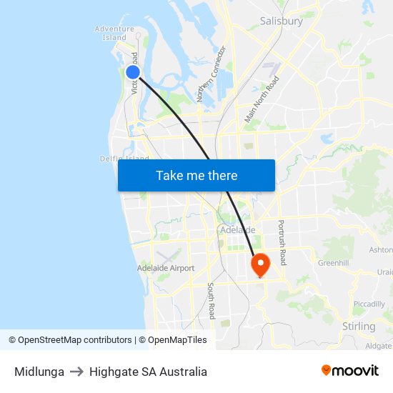 Midlunga to Highgate SA Australia map