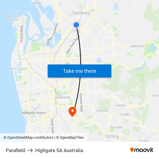 Parafield to Highgate SA Australia map