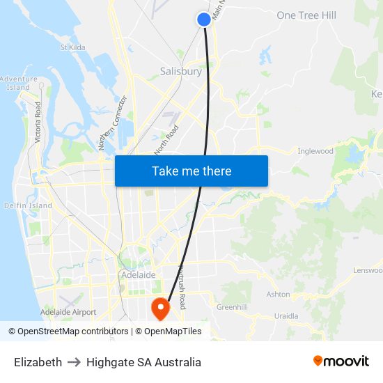 Elizabeth to Highgate SA Australia map