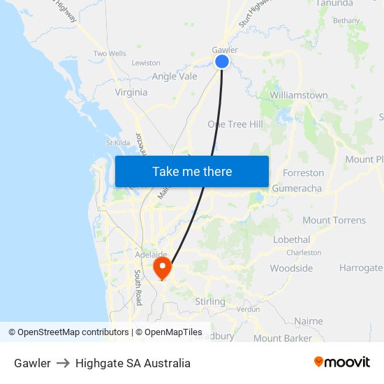 Gawler to Highgate SA Australia map