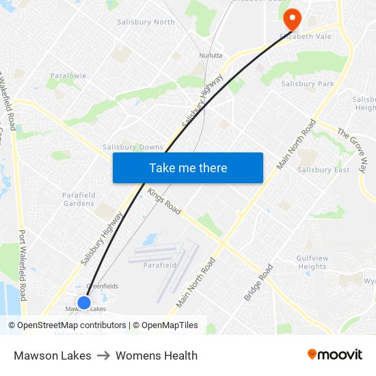 Mawson Lakes to Womens Health map