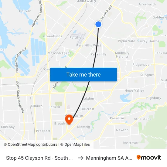 Stop 45 Clayson Rd - South West side to Manningham SA Australia map