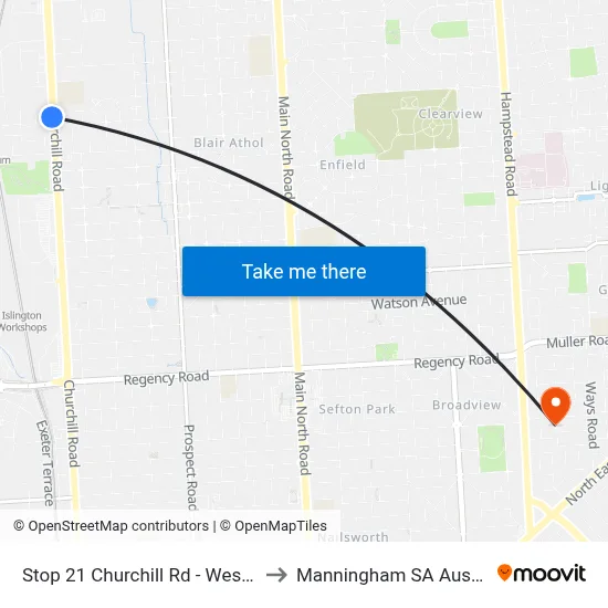 Stop 21 Churchill Rd - West side to Manningham SA Australia map