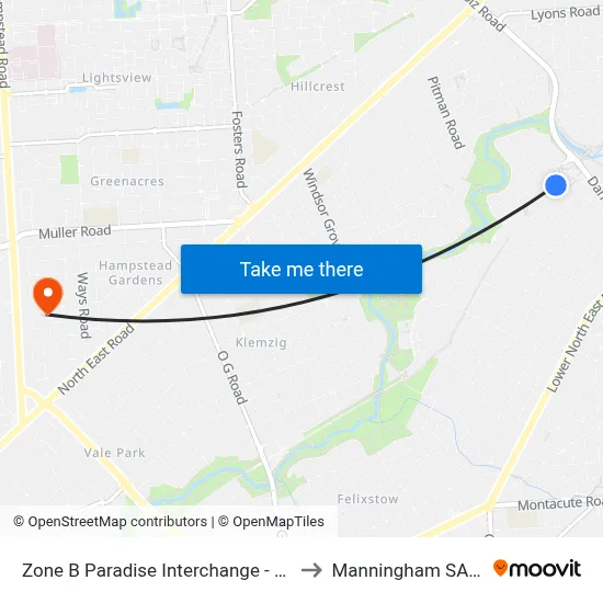 Zone B Paradise Interchange - South East side to Manningham SA Australia map