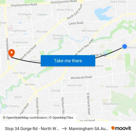 Stop 34 Gorge Rd - North West side to Manningham SA Australia map