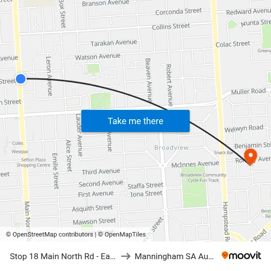 Stop 18 Main North Rd - East side to Manningham SA Australia map