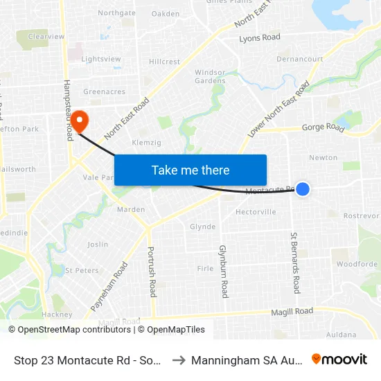 Stop 23 Montacute Rd - South side to Manningham SA Australia map