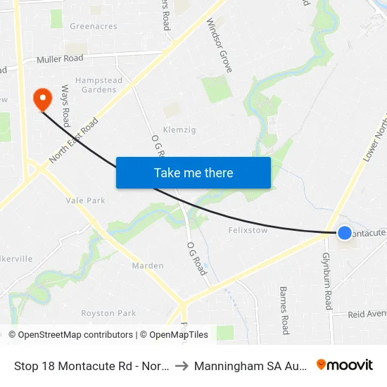 Stop 18 Montacute Rd - North side to Manningham SA Australia map