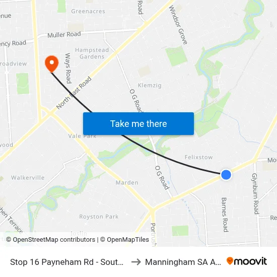 Stop 16 Payneham Rd - South East side to Manningham SA Australia map