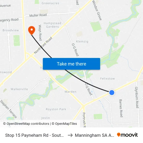 Stop 15 Payneham Rd - South East side to Manningham SA Australia map