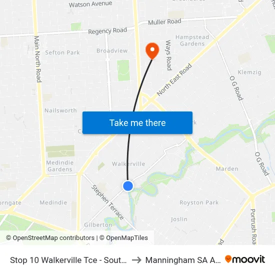 Stop 10 Walkerville Tce - South East side to Manningham SA Australia map