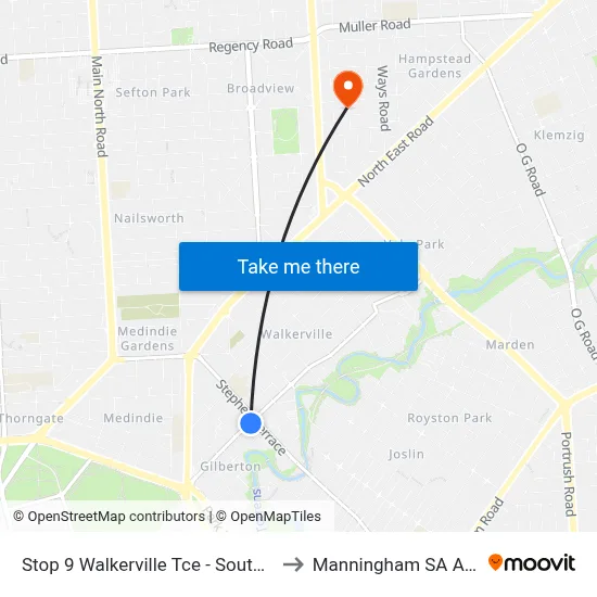 Stop 9 Walkerville Tce - South East side to Manningham SA Australia map