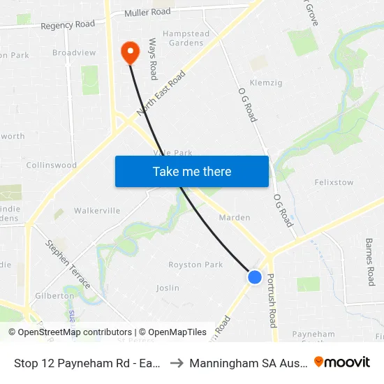 Stop 12 Payneham Rd - East side to Manningham SA Australia map