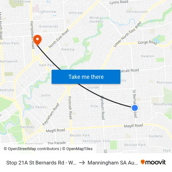 Stop 21A St Bernards Rd - West side to Manningham SA Australia map