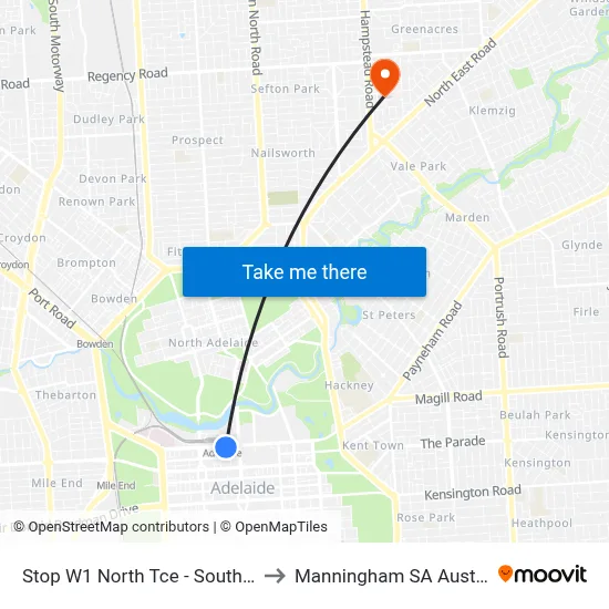 Stop W1 North Tce - South side to Manningham SA Australia map