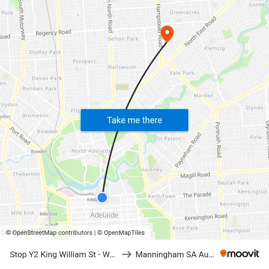 Stop Y2 King William St - West side to Manningham SA Australia map