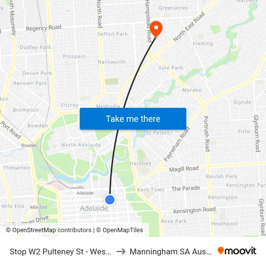Stop W2 Pulteney St - West side to Manningham SA Australia map