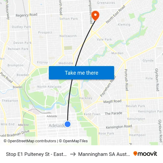Stop E1 Pulteney St - East side to Manningham SA Australia map