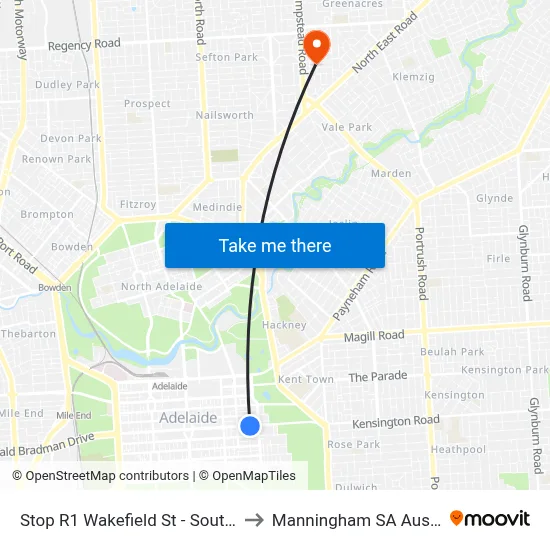 Stop R1 Wakefield St - South side to Manningham SA Australia map