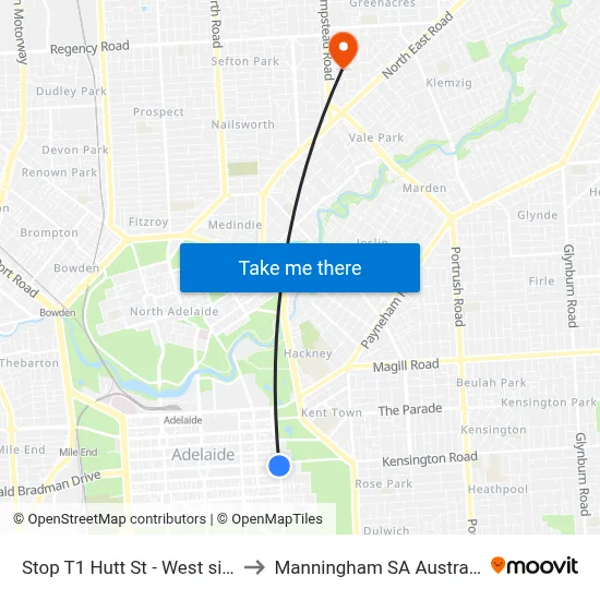 Stop T1 Hutt St - West side to Manningham SA Australia map