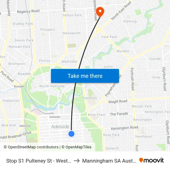 Stop S1 Pulteney St - West side to Manningham SA Australia map