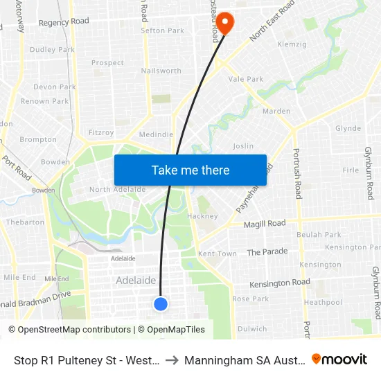 Stop R1 Pulteney St - West side to Manningham SA Australia map