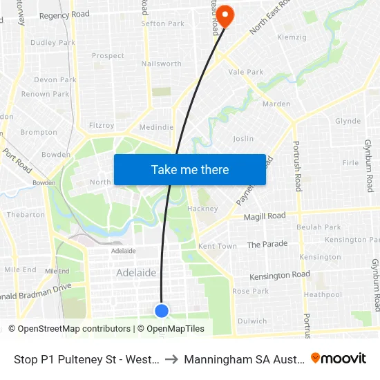 Stop P1 Pulteney St - West side to Manningham SA Australia map