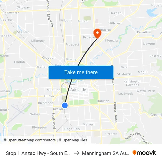 Stop 1 Anzac Hwy - South East side to Manningham SA Australia map