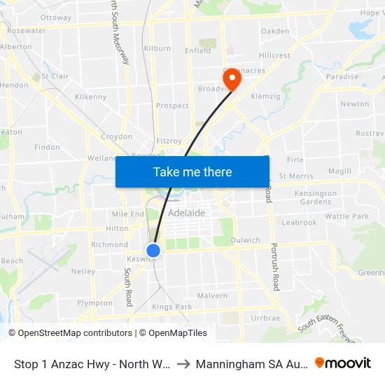 Stop 1 Anzac Hwy - North West side to Manningham SA Australia map