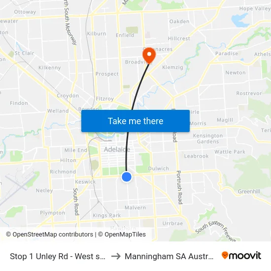 Stop 1 Unley Rd - West side to Manningham SA Australia map