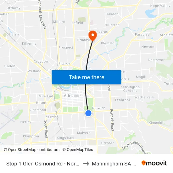 Stop 1 Glen Osmond Rd - North East side to Manningham SA Australia map