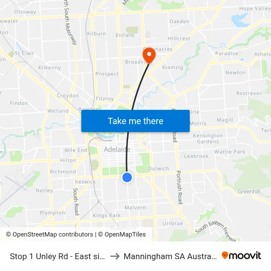 Stop 1 Unley Rd - East side to Manningham SA Australia map