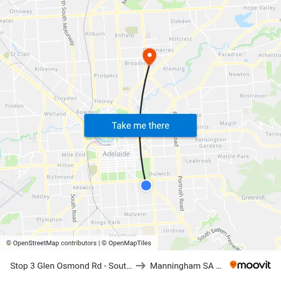 Stop 3 Glen Osmond Rd - South West side to Manningham SA Australia map