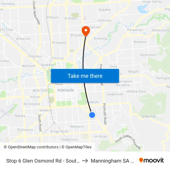 Stop 6 Glen Osmond Rd - South West side to Manningham SA Australia map