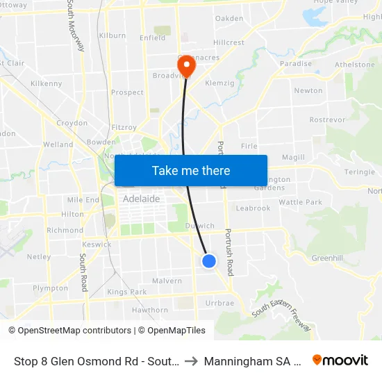 Stop 8 Glen Osmond Rd - South West side to Manningham SA Australia map