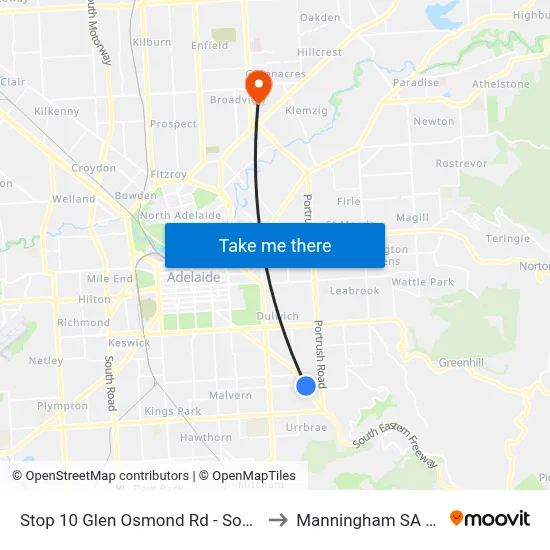 Stop 10 Glen Osmond Rd - South West side to Manningham SA Australia map