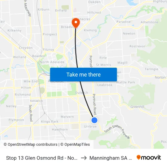 Stop 13 Glen Osmond Rd - North East side to Manningham SA Australia map