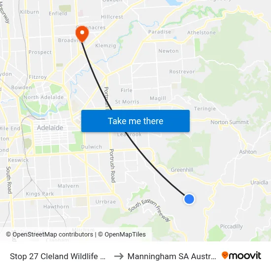 Stop 27 Cleland Wildlife Park to Manningham SA Australia map
