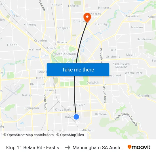 Stop 11 Belair Rd - East side to Manningham SA Australia map