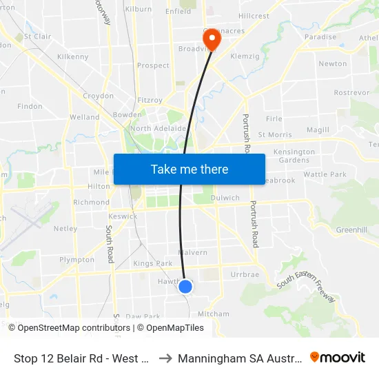 Stop 12 Belair Rd - West side to Manningham SA Australia map