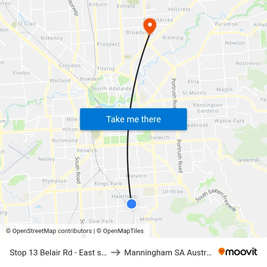 Stop 13 Belair Rd - East side to Manningham SA Australia map