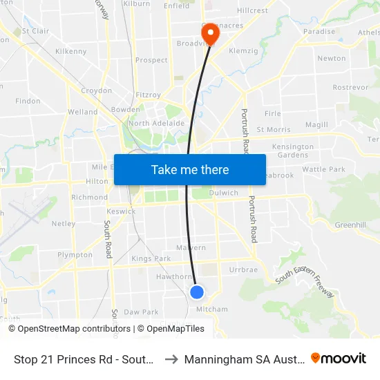 Stop 21 Princes Rd - South side to Manningham SA Australia map