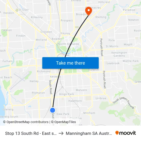 Stop 13 South Rd - East side to Manningham SA Australia map